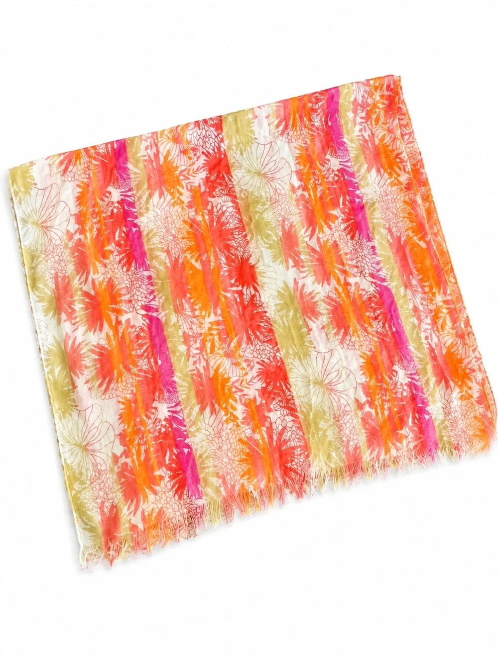 Tropical Floral Fringe Head Scarf Wrap 31” x 26” Pink Orange Resort Style